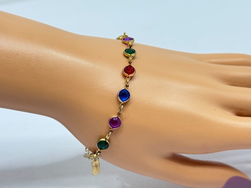 Vintage Armband zwei Schwestern bunte Kristall Edelsteine Einfassung Set goldfarbene Gliederkette