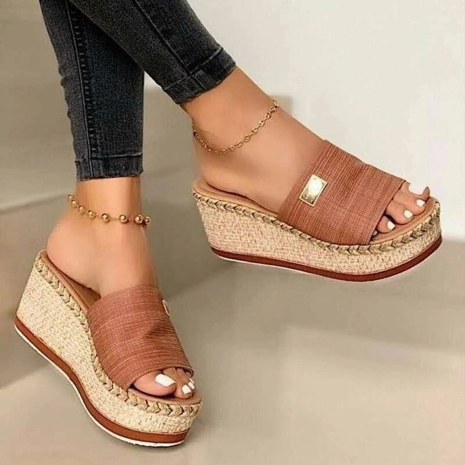 Sandalias de Mujer Abiertas Plataforma Tacón Alto Playeras Slip-On Cómodas Moda