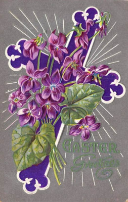 Postcard: Easter Greetings, Cross, Violets, DB 1910's