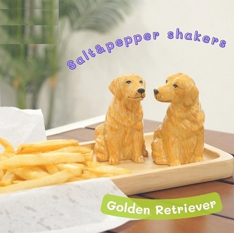 Set Dog Golden Figurine Salt Pepper Shaker Ceramic Kitchen Collect Home Decor