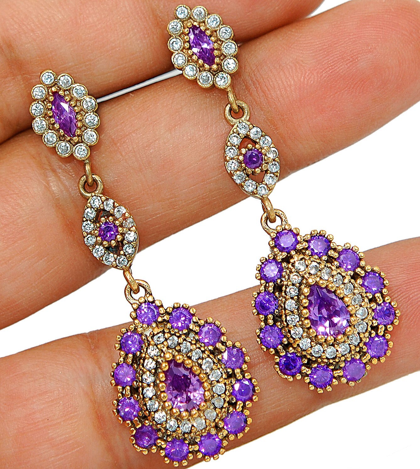 Ottoman-Inspired 10CT Amethyst Topaz 925 Sterling Silver Earrings AB3542