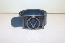 Mario Valentino Dark Blue Embossed Leather Rectangle Logo Buckle Men's Belt 32