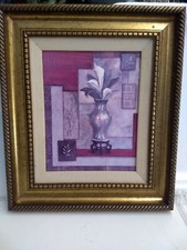 Pink White Violet Floral Bouquet In Vase Wall Art Vtg Gold Framed Picture Matted