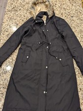 Qarmaca Womens Long Exclusive Coat Black With Fur Hood Size L