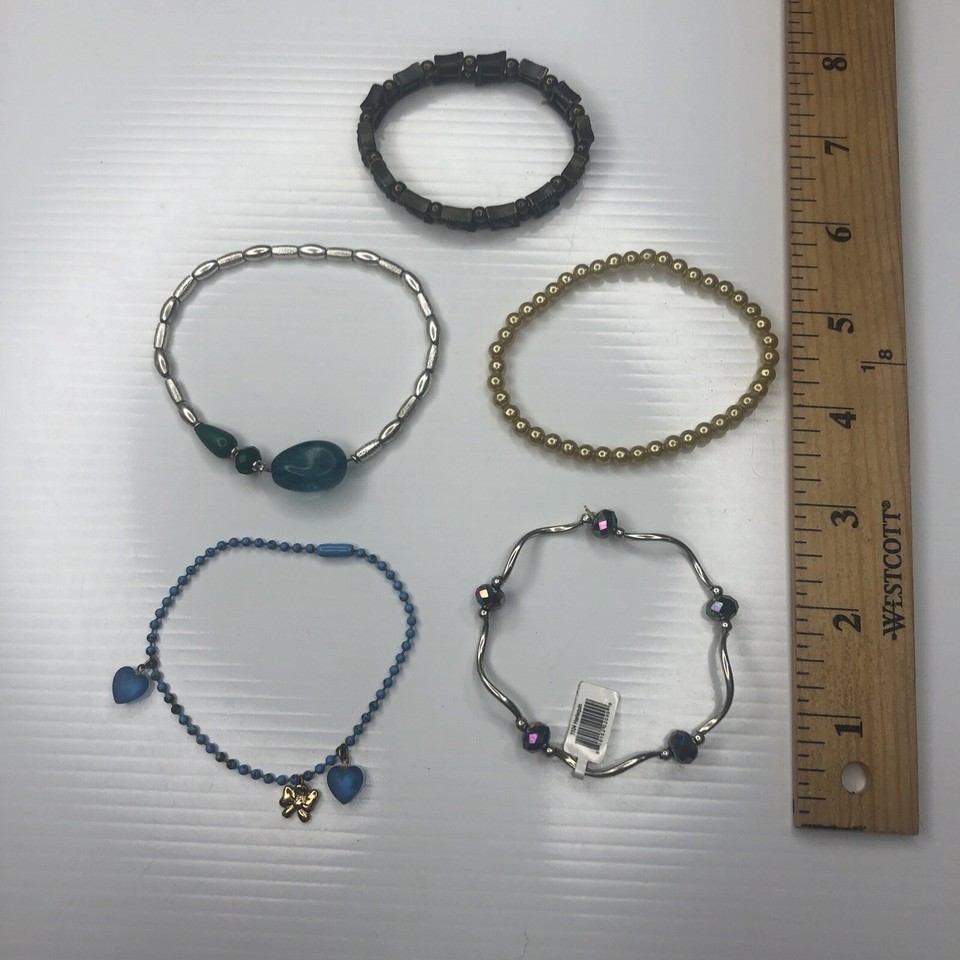 X1 Lot Vtg Retro Bracelets Blue Red Green Stones Resin Beaded Heart Bow