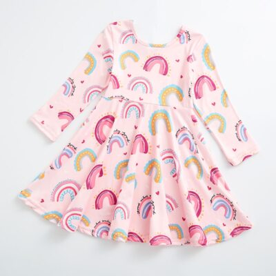 Spring Girls Heart Cat Rainbow Print Knee Length Short Sleeve Milk Silk Dress