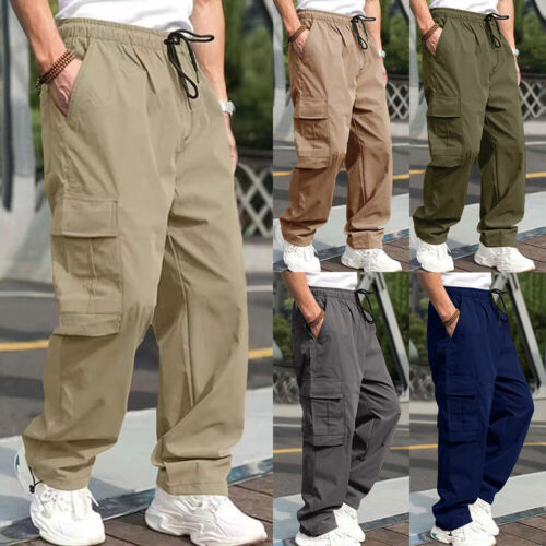 Mens Cargo Pants Joggers Wide Leg Elasticated Waist Combat Work Casual Trousers.