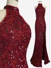 Mac Duggal Red sequin embellished open back halter high slit formal maxi gown 8