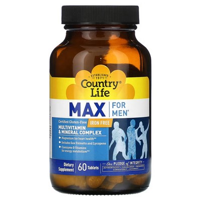 2 X Country Life, Max for Men, Multivitamin & Mineral Complex, Iron Free, 60 Tab