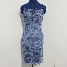 Vintage 90s Blue Floral Micro Mesh Mini Dress