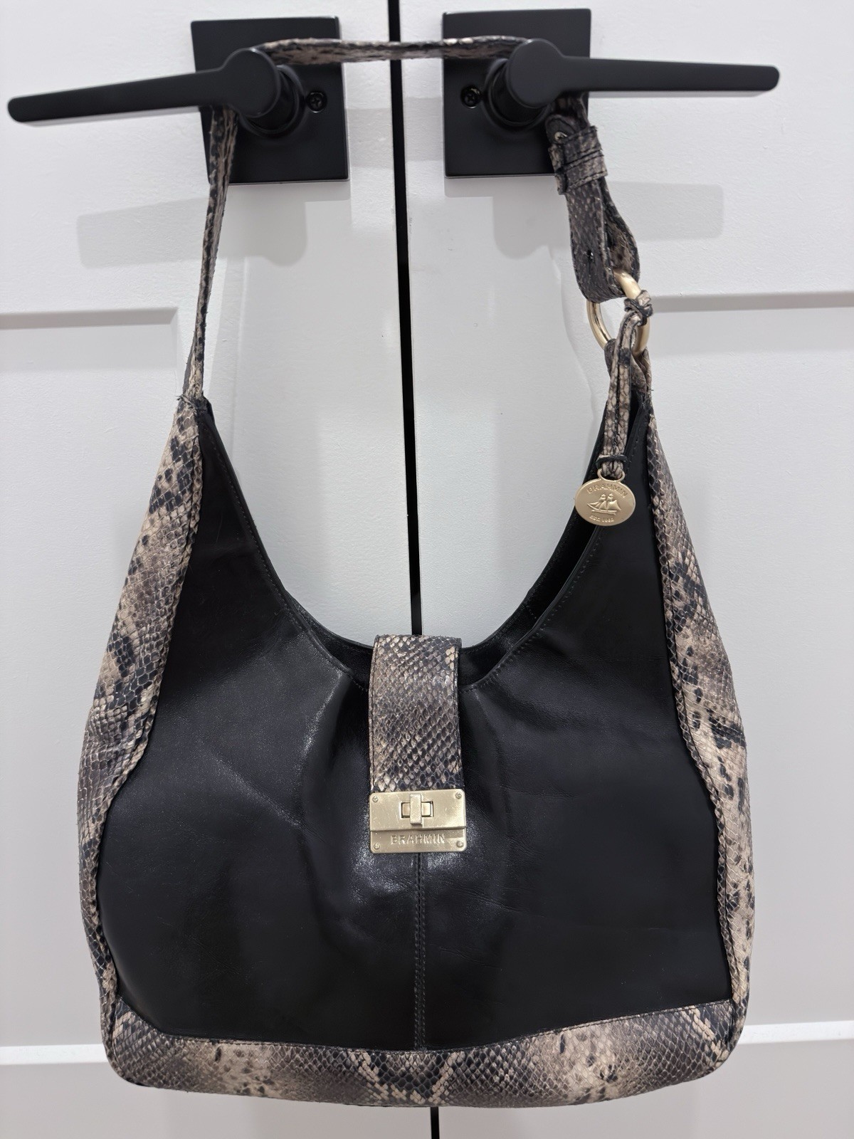 Brahmin Python-Embossed Leather Satchel Tote Blac… - image 1