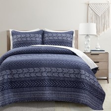 Lush Decor Hygge Geo Pattern Striped 3 Piece Quilt Bedding Set Full/Queen Navy