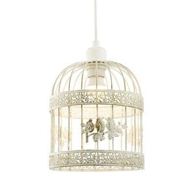 Shabby Chic Vogelkäfigschirm gebürstet creme und gold mit 3D Blumen und Vögeln b...