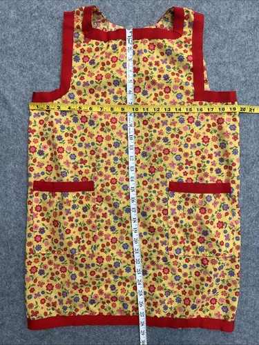 Vintage Handmade Red & Yellow Floral Print Cotton Smock Apron 2 Pockets Handsewn - Picture 2 of 7