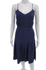 J Crew Womens Polka Dot Printed Pleated Zipped A-Line Dress Navy Blue Size 4