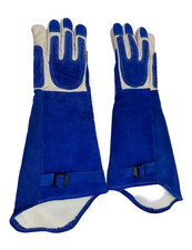 Leather Pet Handling Gloves 21" Long Bite Resistant Blue/White Unused Open Pack