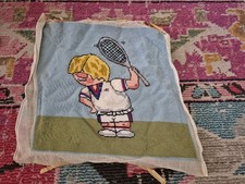 14x15" needlepoint completed vintage piece cartoon boy playing tennis sports