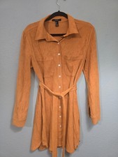 Forever 21 Stretch Faux Suede Button Down Shirt Dress Camel Mustard Fall Size L
