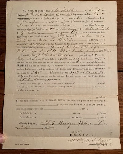 1st Michigan Cavalry Civil War Document John Walker Fort Bridger Utah Territory