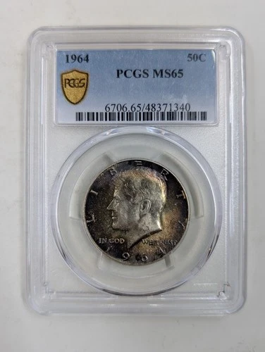 Toned 1964 MS65 Kennedy Half Silver Dollar PCGS Certified W/True View MS65