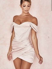 House of CB Coraline Pink Satin Corset Ruched Bodycon Mini Dress Size S NWT