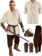 4 Pcs Halloween Men'S Renaissance Costume Set Medieval Pirate Shirt Ankle Banded