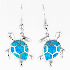 Green Sea Turtle Ocean Blue Fire Opal Silver Jewelry Dangle Drop Earrings