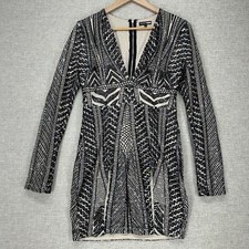 Fashion Nova Sequin Mini Dress Womens Size L Black Nude Lined V Neck Long Sleeve