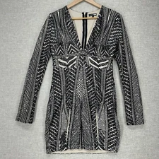 Fashion Nova Sequin Mini Dress Womens Size L Black Nude Lined V Neck Long Sleeve