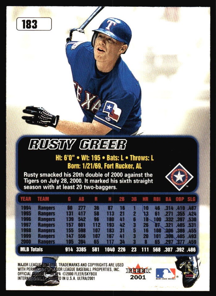 2001 Ultra Rusty Greer #183 Texas Rangers | eBay