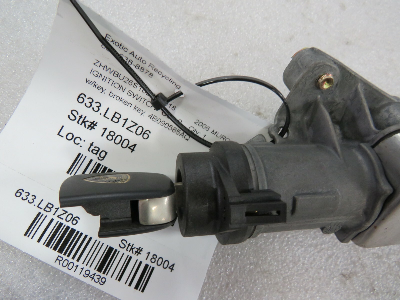 Lamborghini Murcielago, Ignition Switch w/broken key, Used, P/N 4B090585AQ