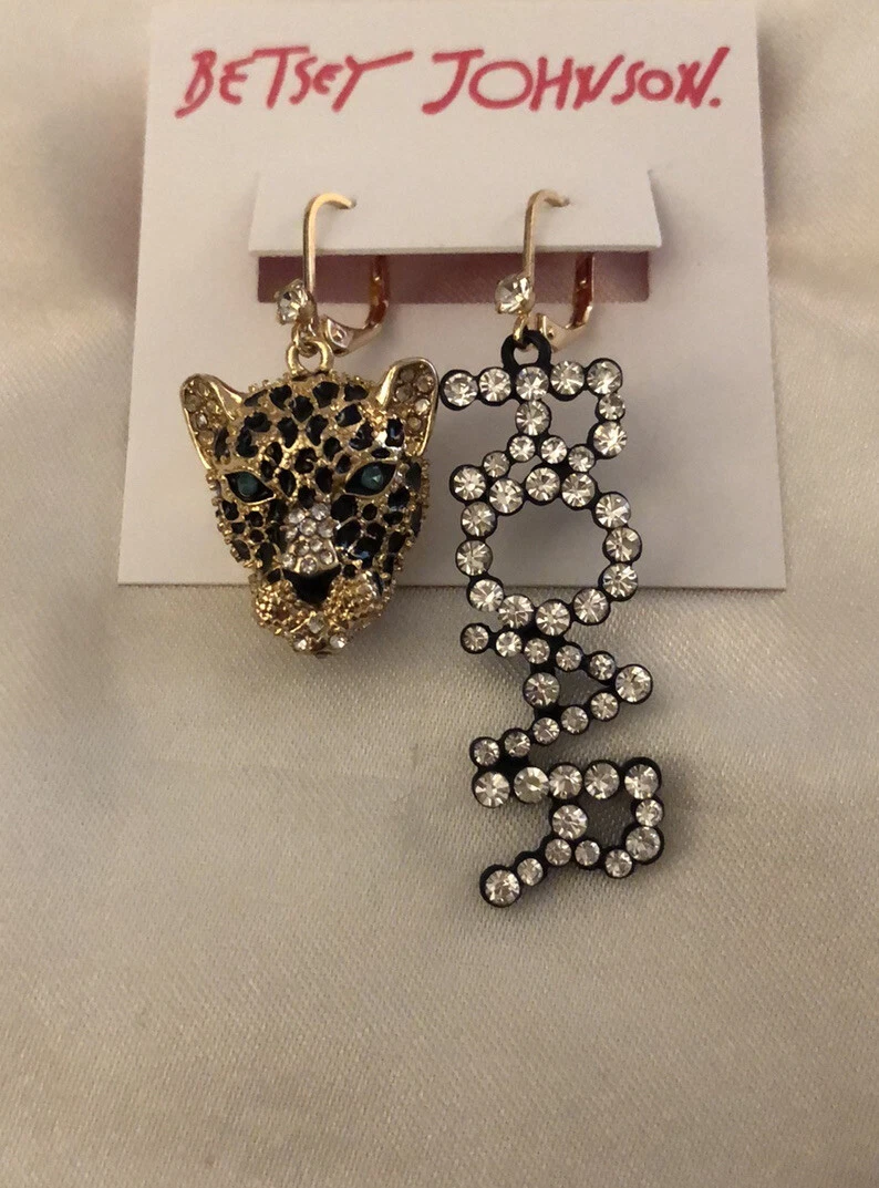 Betsey Johnson Gold Tone True Leopard Leopard Roar Mismatch Drop Earrings NWT