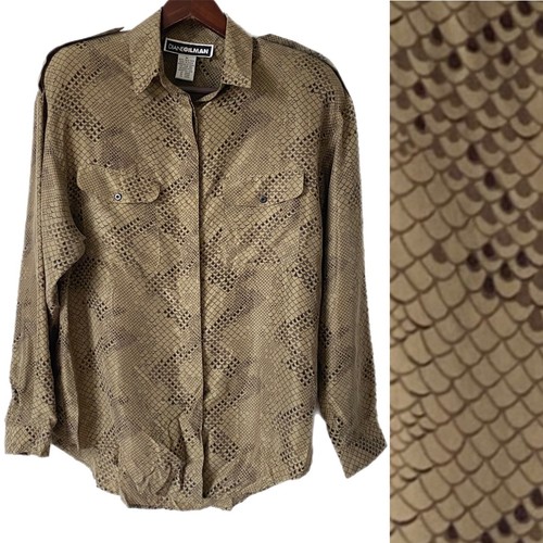 Vintage 100% Silk Blouse 80s Dynasty Power Shoulder Snakeskin Print Pockets Sz M - Image 1