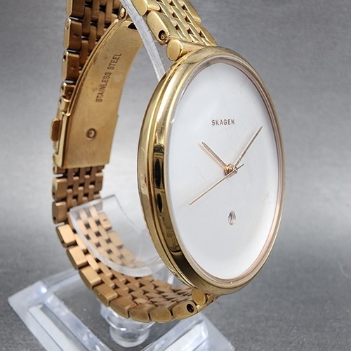 Skagen Gitte Watch Women 39mm White Dial Gold Tone Date Round New Battery - Picture 4 of 11
