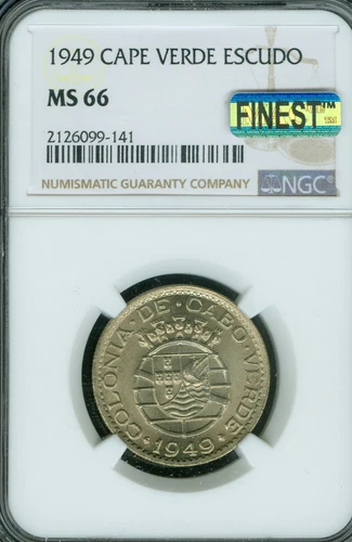 1949 CAPE VERDE (CABO VERDE) SILVER ESCUDO NGC MS66 PQ MAC FINEST & SPOTLESS *