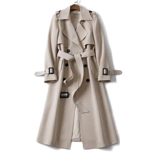 Zweireihiger langer Damen-Trenchcoat winddicht klassisch Revers Gürtel Mantel - Bild 4 von 24
