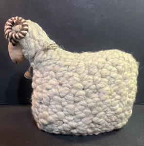 Vintage Makowianka Polish Folk Art Wool Sheep Ram Figural Door Stop Signed