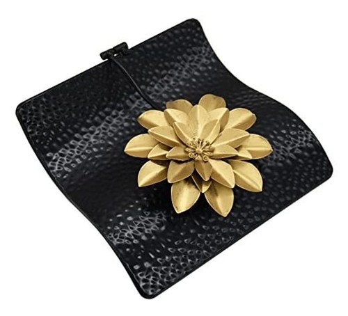 Black Flat Napkin Holder w/Golden Flower Weighted Arm, Metal Cocktail Napkin