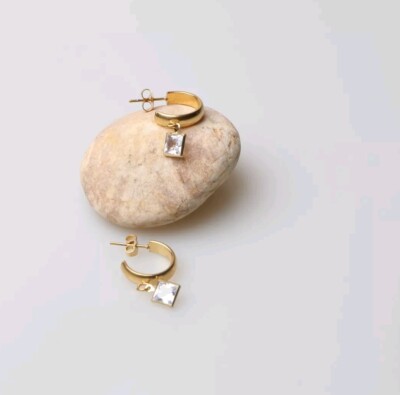 Aretes De Argollas Y Cristal Hipoalergénicos De Acero Inoxidable Chapado Oro 18k