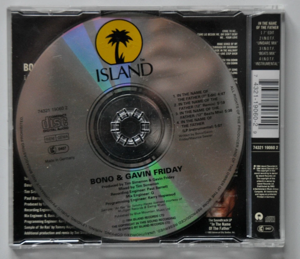 Bono & Gavin Friday / U2 - In The Name Of The Father - rare 5"CD-Single - Bild 2 von 2