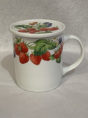 VTG Red Strawberries Fruits Abbott Collection Coffee Tea Mug Cup w/ Lid Coaster