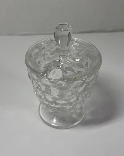 Fostoria Clear Glass Cubist Covered Mustard Condiment Jar Notched Lid