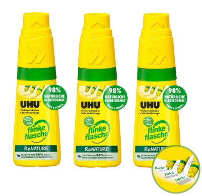 3 x UHU Vielzweckkleber ''flinke flasche'' ReNATURE lösemittelfrei,nachfüllbar 40g