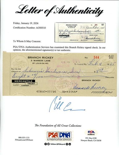 Branch Rickey PSA DNA Signed Feb 1965 Personal Check Autographed | eBay