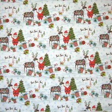 Fabric Editions - Christmas Happy Holidays Santa Reindeer Tree White - YARD