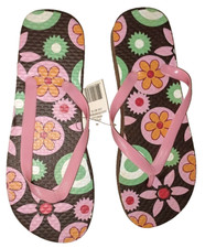 NWT Ladies M 7/8 Pink Brown Floral Flip Flop Thong Sandals Cushioned Free Ship