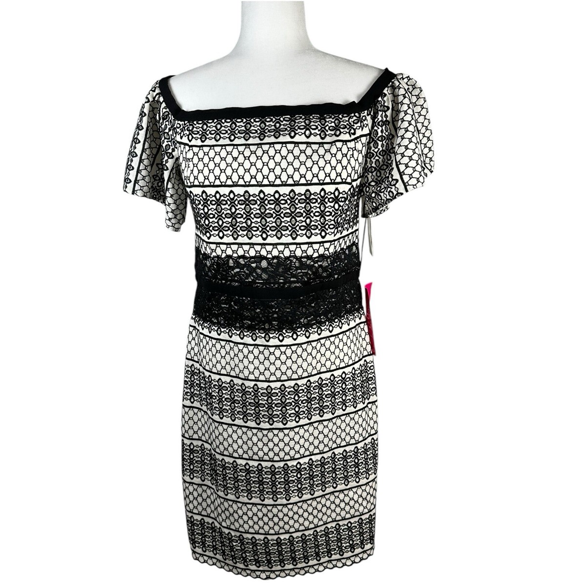 HALSTON Collection Black White Embroidered Eyelet Off Shoulder Dress 10 NWT