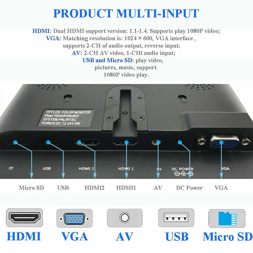 USB Power Monitor 7" CCTV Screen HDMI1 HDMI2 VGA USB SD AV for DSLR Raspberry - Image 3 of 4