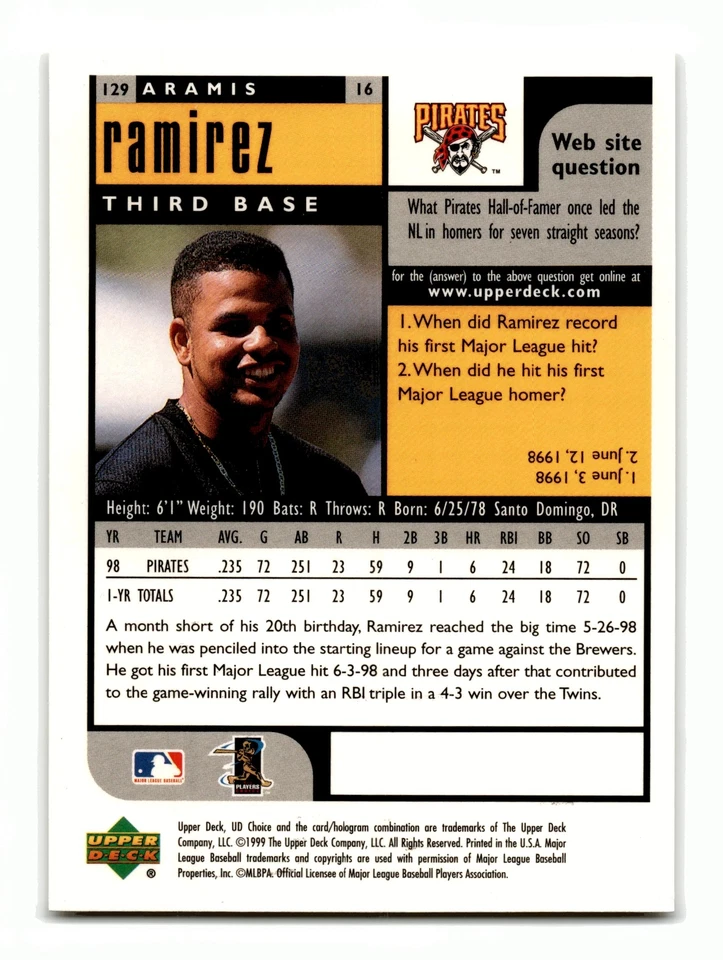 Aramis Ramirez 1999 UD Choice #129 Pittsburgh Pirates NM-MINT - Image 2 of 2