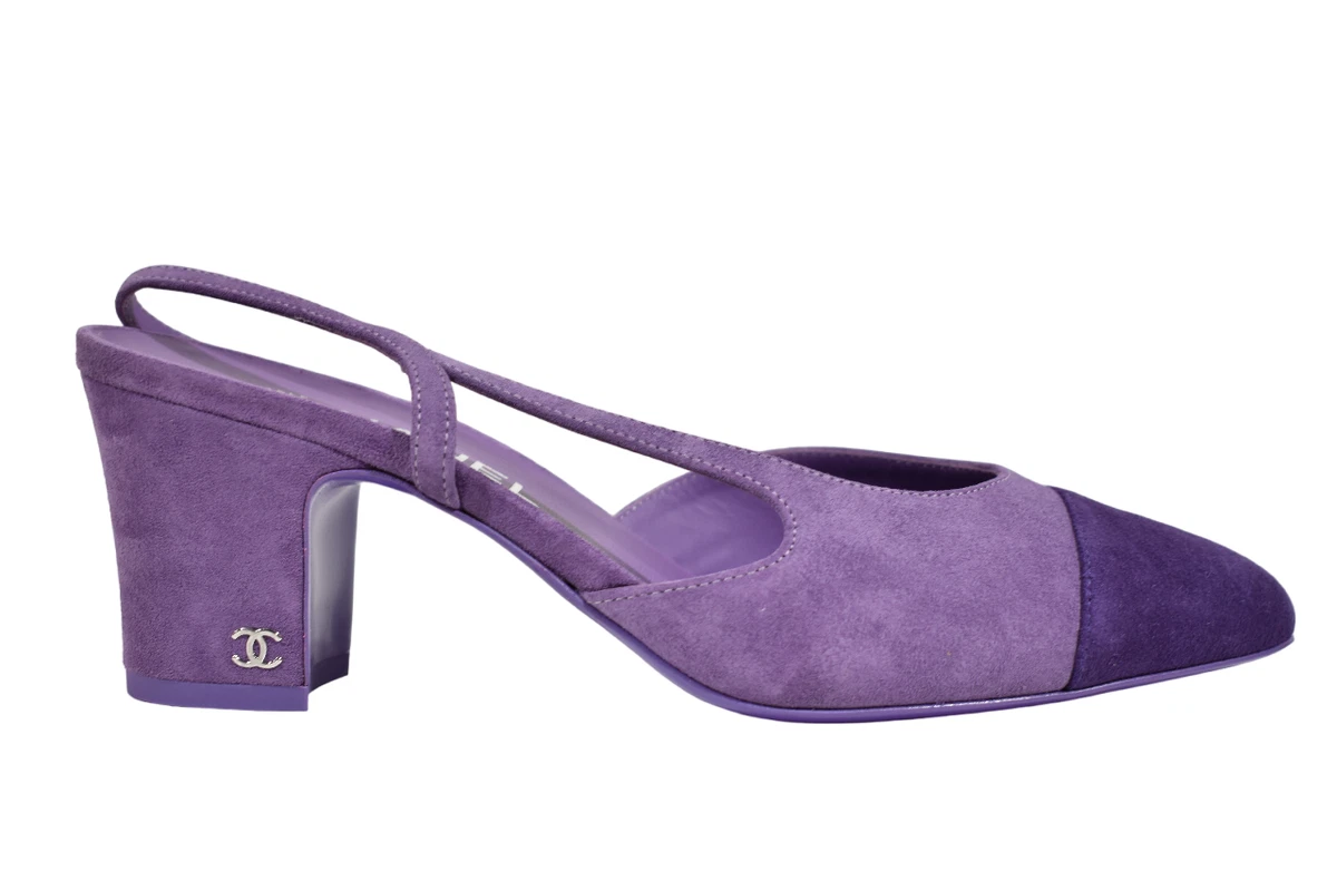 Chanel 23S Mademoiselle Coco Sling Purple Suede Slingback Sandal Block Heel  40